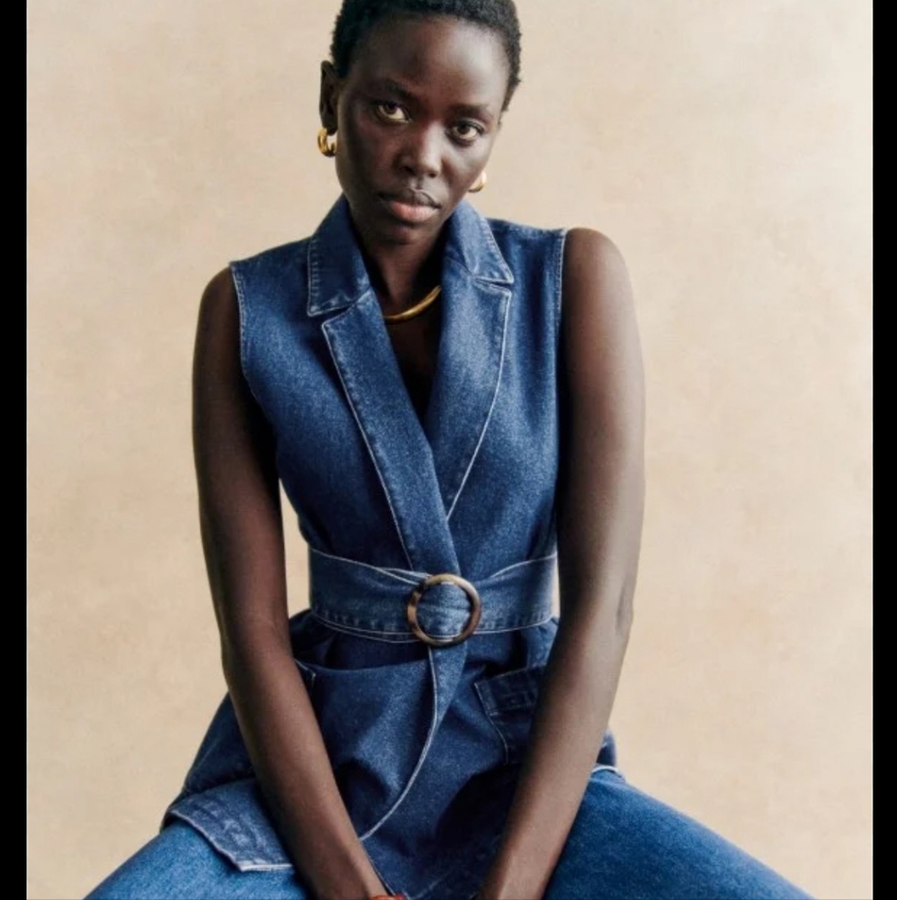 Sezane Sleeveless Denim Vest in Indigo Blue with Belt
